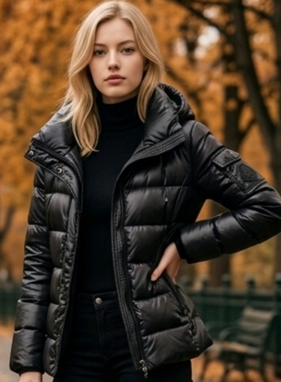Lauren Ralph Lauren Shiny Black Puffer Jacket Crest Patch Hooded Down Blend Md
